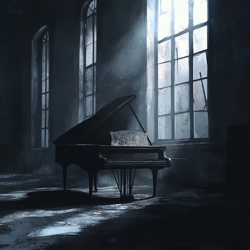 A somber and eerie waltz played on the piano, evoking the feeling of wandering through an old, deserted mansion filled with whispers and memories of the past, stirring a sense of melancholy and unease.