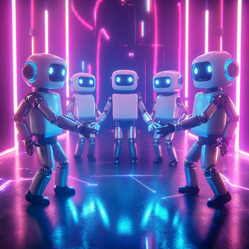 An energetic instrumental track featuring mechanical sounding melodies and rhythmic electronic beats that evoke robots engaging in a joyful celebration. The song blends playful synthesizer sounds with catchy rhythms, creating a whimsical atmosphere that lifts the listener's spirits and encourages fun movement.