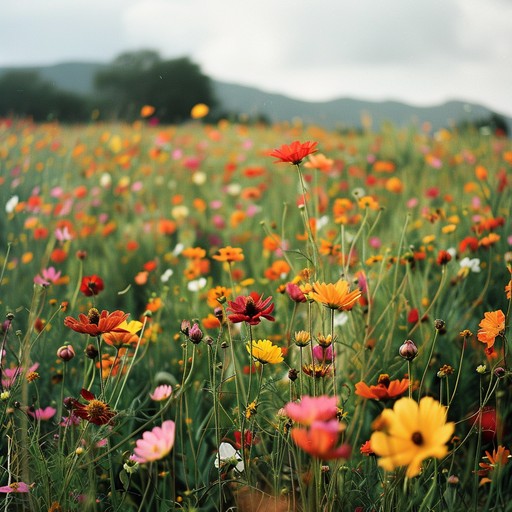 Imagine walking through a meadow on a bright sunny day, with flowers blooming, birds singing, and a gentle breeze caressing your face. The music is easy going, with light melodies and a soothing rhythm that brings a sense of peace and happiness.