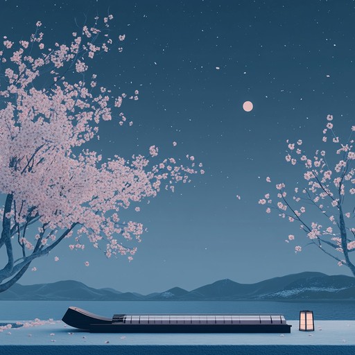 A soothing instrumental featuring koto melodies that evoke the tranquil ambiance of a moonlit night beneath blooming cherry trees, blending soft textures to create a peaceful, introspective experience.