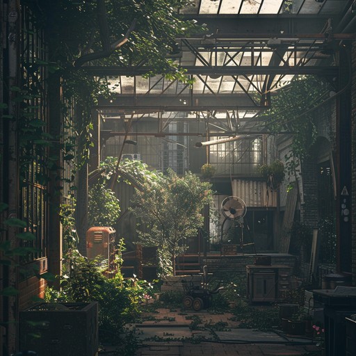 Explore a tranquil industrial soundscape combining ethereal melodies with subtle mechanical sounds, crafting an atmosphere that soothes and mesmerizes.