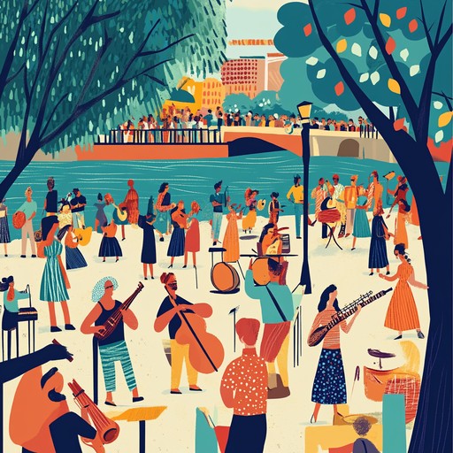 A spirited instrumental folk song that evokes the excitement and happiness of a riverside festival, featuring dynamic accordion melodies that encourage dancing and merriment.