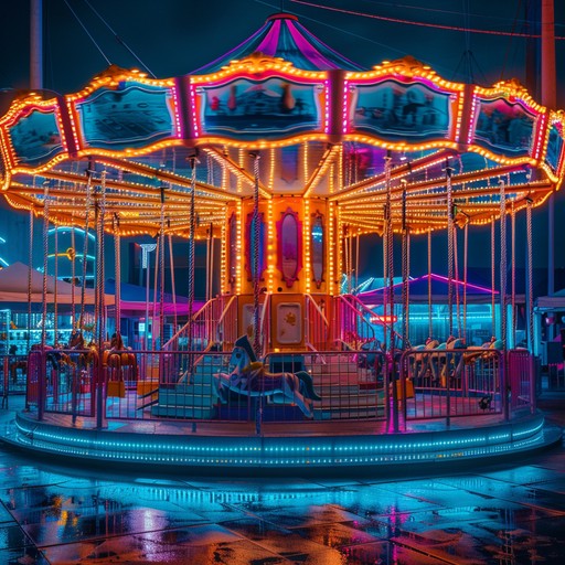 Capture the playful energy of an 80s carnival with neon lights and vibrant synthwave melodies. Whimsical sounds and dynamic shifts evoke the joy and nostalgia of riding a carousel under a cascade of colorful lights.