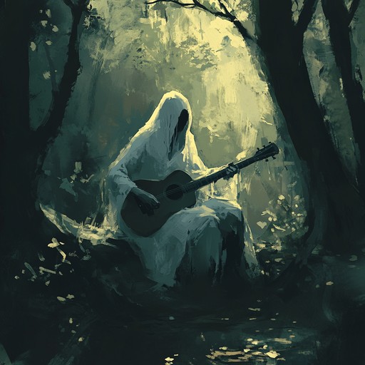 This folk rock instrumental creates an unsettling atmosphere with eerie guitar plucks and ambient whispers, resembling spectral presences in a dark forest.