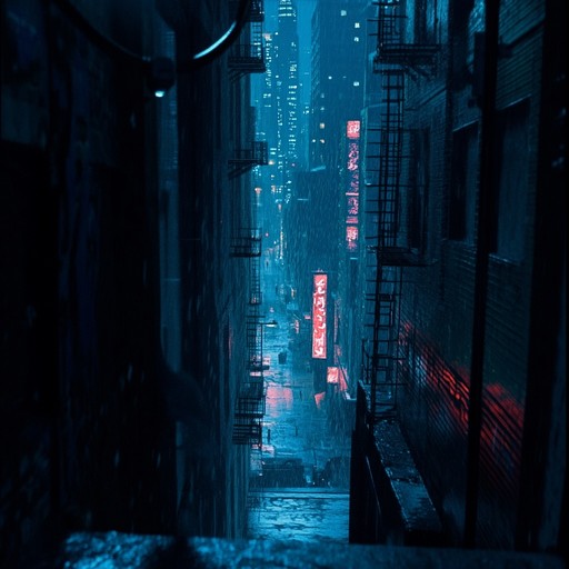 An instrumental drum and bass track featuring shadowy rhythms, heavy basslines, and haunting synth melodies, creating an immersive experience of traversing a neon lit metropolis after dark