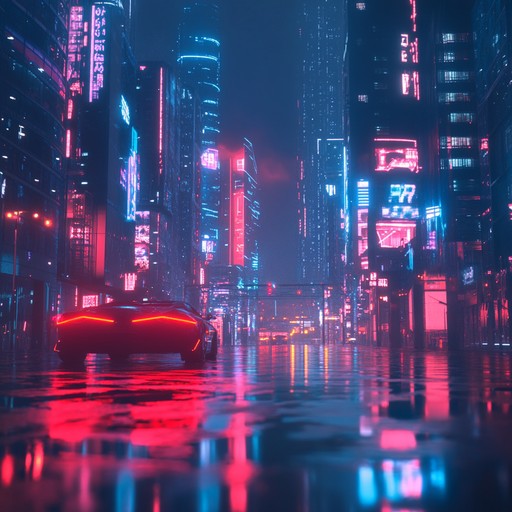 Immerse yourself in a peaceful cyberpunk world with soothing electronic melodies, ambient drones, and minimalistic beats that transport you to a neon lit futuristic cityscape at dawn, where serenity and technology are in perfect harmony