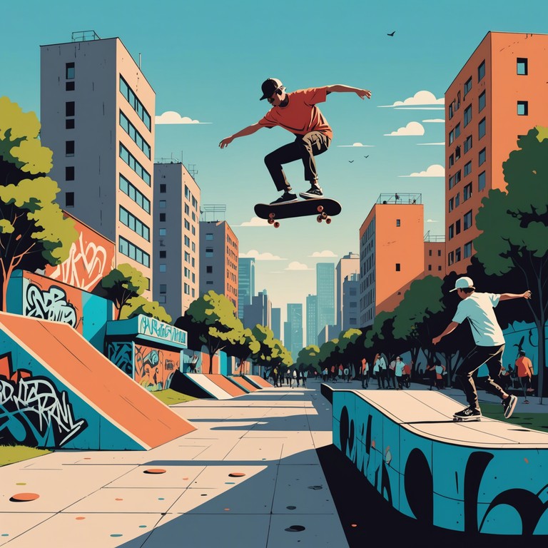 This alternative take highlights the same sunny, urban day but focuses more on the whimsical nature of street performances and young skateboarders enjoying the groove.