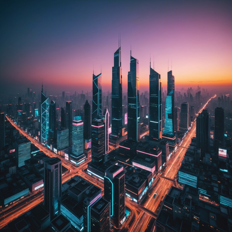 This track, inspired by futuristic cityscapes, blends electronic elements with a powerful, majestic undertone, evoking images of a sprawling neon lit metropolis under a starlined sky; the quintessence of cyberpunk grandeur, this composition relies on the interplay of ambient textures with synthesized tones for a profound auditory experience.