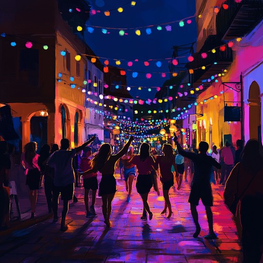 An upbeat instrumental track that captures the joy and energy of a latin street party under the night sky. Features vibrant percussion, spirited melodies, and a festive atmosphere.