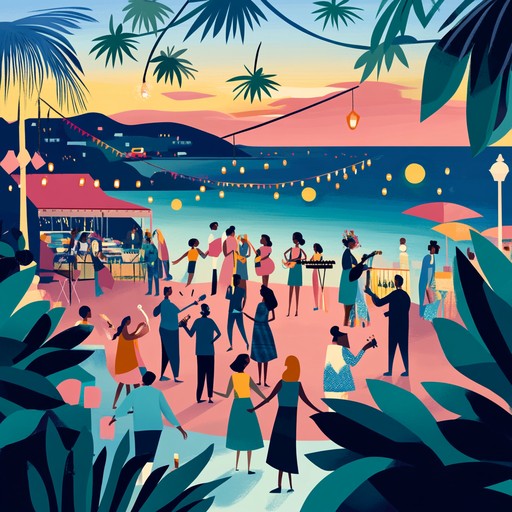 Imagine a high energy bossa nova piece that brings the beach party atmosphere to life. The track opens with vibrant guitar strums, layered over lively samba rhythms, creating an exhilarating soundscape. As the music progresses, the melodies grow more intricate, reflecting the joy and exuberance of a sunset celebration by the ocean.