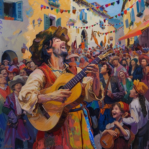 This composition evokes a scene of a lively troubadour, strumming his guitar in the heart of a medieval festival. The vibrant notes and rhythmic strumming encourage festive dancing and joyous celebration, painting a soundscape rich with historical allure and the color of spirited human connection.