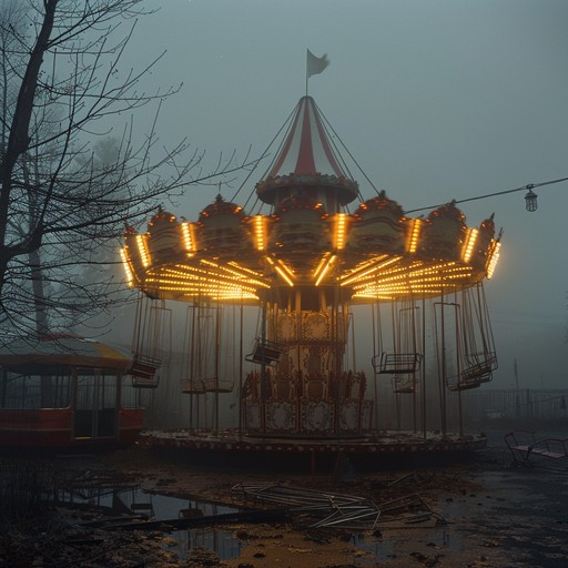 Imagine an abandoned carnival at midnight, with creaky rides, ghostly carousel music, and distant circus laughter. The song features unsettling melodies, eerie sound effects, and a whimsical, yet disturbing atmosphere that transports listeners to a nightmarish fairground. The instrumentation includes ghostly organs and carnival percussion to enhance the haunting experience.