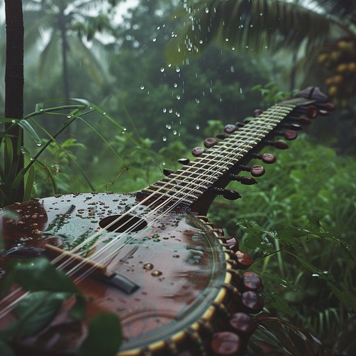 A beautiful, soul stirring hindustani instrumental capturing monsoon essence with sitar and gentle rain ambiance, evoking deep emotions and nostalgia through intricate melodic patterns and rhythms.