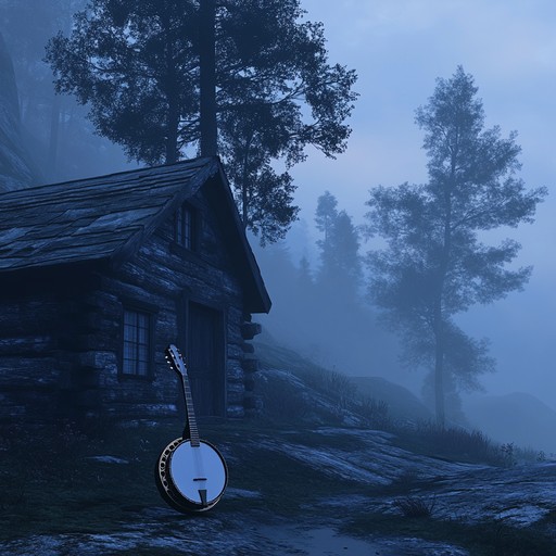An instrumental bluegrass track that evokes an unsettling feeling, with fast banjo picking and eerie fiddle melodies echoing in mist shrouded mountains
