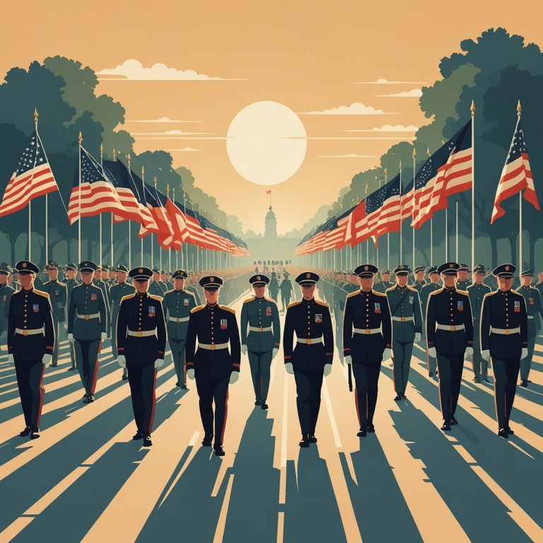 A powerful orchestral work designed to uplift and instill a deep sense of pride, featuring dynamic shifts that mimic the disciplined, yet powerful movements of a well oiled military unit during a parade. The music moves from soft woodwinds to powerful full orchestral blasts, creating an awe inspiring auditory journey.