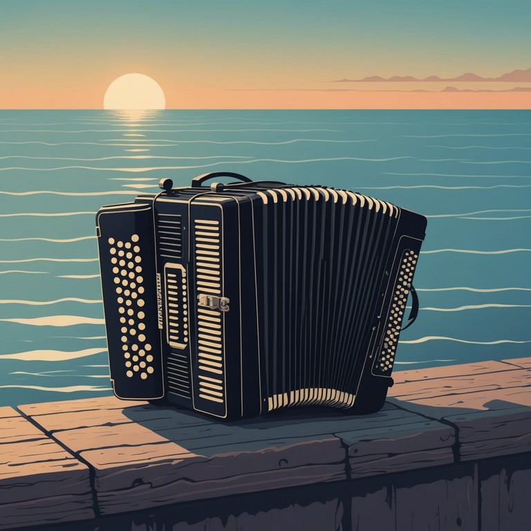 An alternative description which focuses on the soothing qualities of the accordion blended harmoniously with nature's nightly symphony, providing a backdrop for sailors as they navigate both their maritime and emotional journeys.