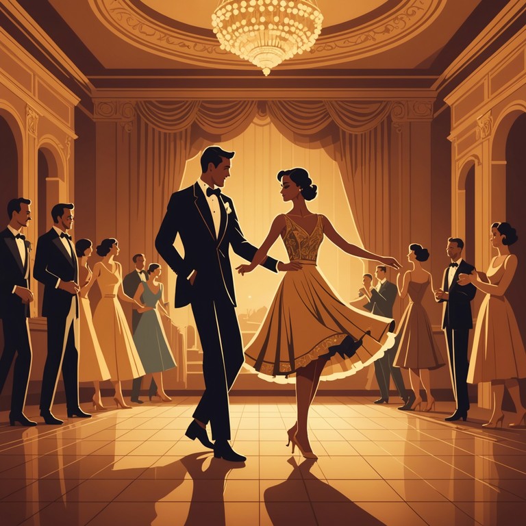 Step into a time warp to a grand ballroom with golden lights and sharp tuxedos. The air fills with the vibrant, brassy sounds of saxophones as couples twirl endlessly into the night, driven by the pulse of the bold swing music