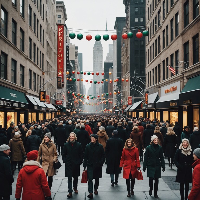 Imagine the glow of broadway lights with festive decorations, crowds gathered in warm attire, and the music sets the scene for holiday cheer and theatrical merriment.