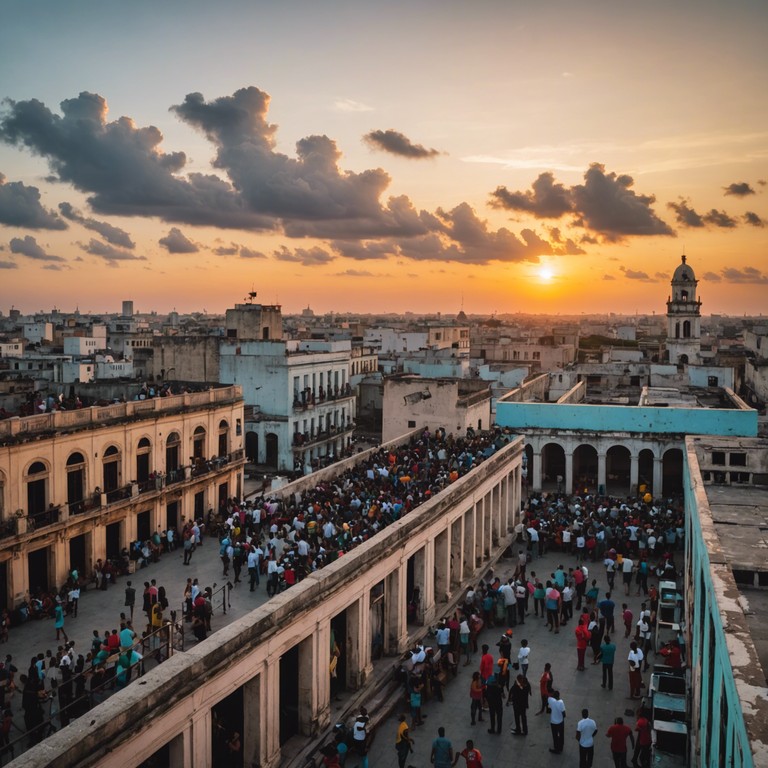 Imagine a bustling street in havana where the spirit of dance and music breathes life into the sunset scene, with musicians gathered and crowds swaying to a euphony of trumpets and percussions echoing through the air.