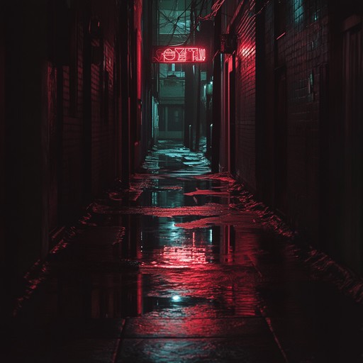 Raw electric guitar pulses set the tone in this haunting blues rock instrumental, capturing the gritty essence of an edgy midnight alley scene, drenched in neon light shadows.