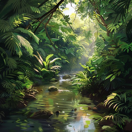 A relaxing instrumental track drawing inspiration from the tranquil serenity of jungle streams, using ethnic instruments to create a peaceful soundscape. Ideal for unwinding and meditation.