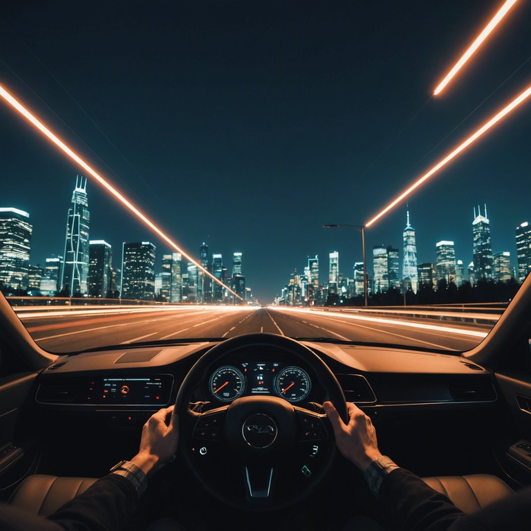 Imagine an energetic track that captures the essence of a night drive through a futuristic city, filled with reflective melodies and pulsating rhythms, aiming to evoke feelings of optimism and elevation in the listener.