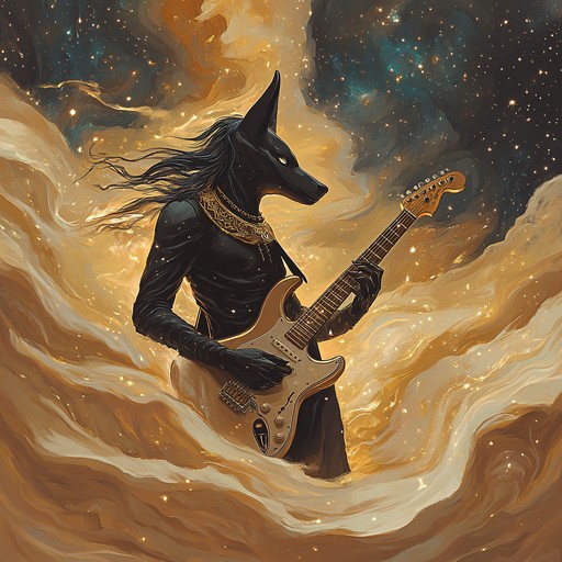 An instrumental metal composition combining ethereal melodies and heavy guitar riffs with influences from ancient egyptian music, evoking a powerful and mystical atmosphere.