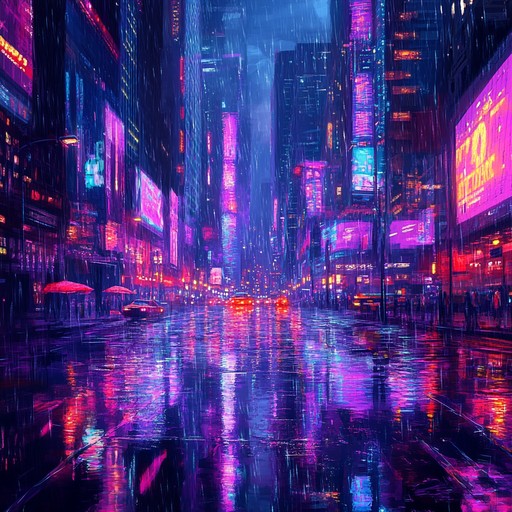 A journey through a neon lit, rain soaked future city, where towering skyscrapers loom, and technology driven chaos reigns. Echoing synths intertwine with pulsating beats, creating an immersive atmosphere that blurs the line between reality and digital fantasy, invoking images of cybernetic beings and endless city nights.