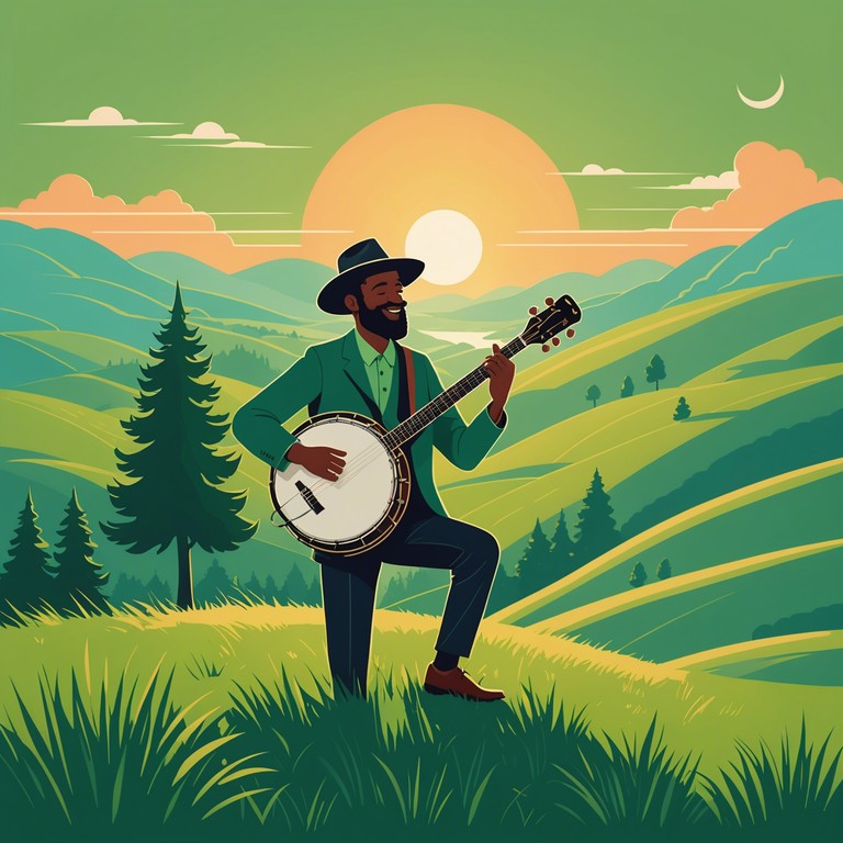 As the sun ascends, a banjo player sits atop a hill, their music capturing the essence of a fresh, energetic morning. The joyful strums fill the air, calling to the spirit of adventure and brightness of the day.