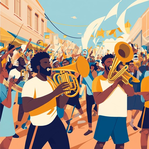 A jubilant instrumental featuring an energetic brass section, infused with lively swing rhythms and infectious melodies. Perfect for capturing the essence of a grand celebration, this tune evokes images of joyous crowds and lively dance floors. The brass instruments lead with punchy, uplifting phrases, while the rhythm section keeps everyone moving with syncopated beats and bouncy basslines.