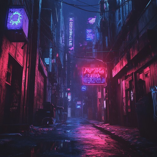 Get lost in a dark neon reverie with mystical jpop melodies and electronic beats, portraying an eerie urban landscape.