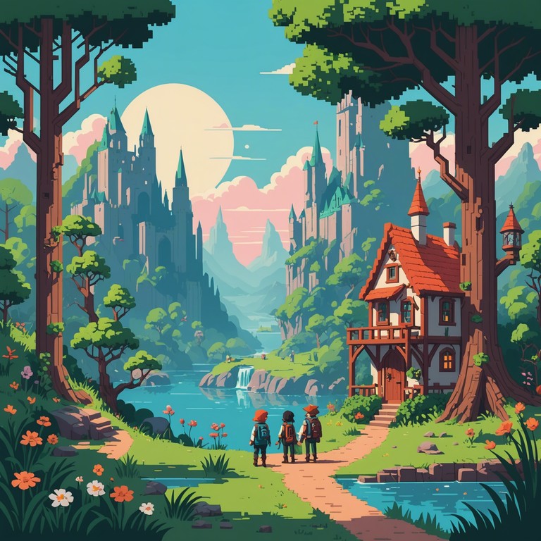 A lively electronic track with a prominent chiptune tone, crafted to evoke the playful and adventurous spirit of a pixel art style fantasy anime quest