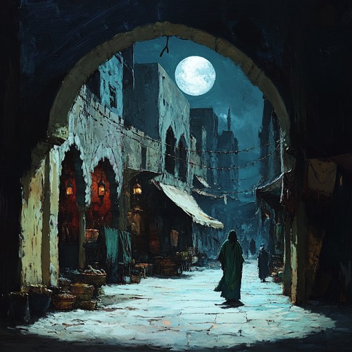 Venture into an ancient middle eastern bazaar at night, where the moonlight casts long, suspenseful shadows. The eerie sounds of traditional instruments blend with the market's hushed tones, creating an aura of mystery and tension.