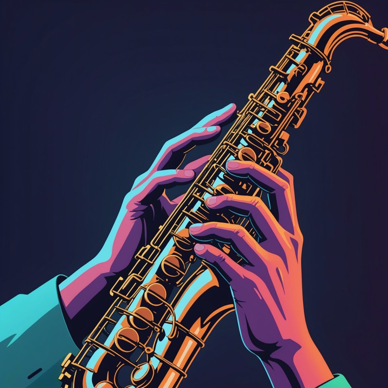 Dive deeper into the vibrant nightscape with ‘neon jazz whisper,’ a side alley look into the intimate jazz clubs hidden amongst the high rises. The saxophone whispers softer but deeper tales of city life against a backdrop of a starless sky, inviting close listening and deeper feeling.