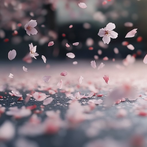 An elegant orchestral piece inspired by anime scenes, featuring graceful interplay between traditional japanese instruments and a lush string section. It captures the tranquil beauty of cherry blossoms drifting in an evening breeze, evoking feelings of nostalgia and peacefulness