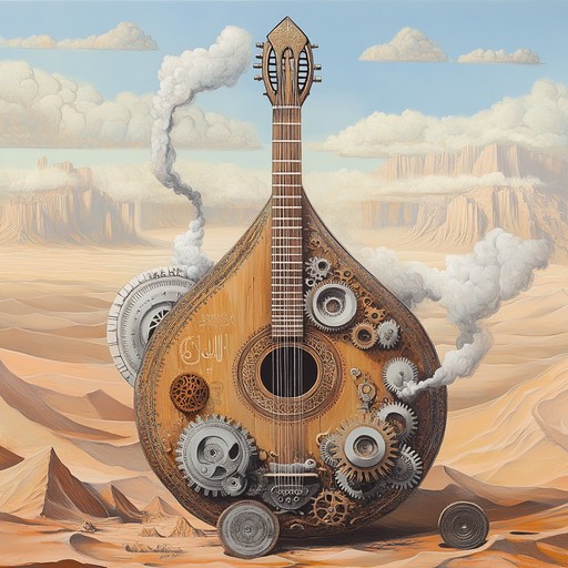 A vibrant instrumental combining the melodies of the oud with mechanical steampunk noises and rhythmic blues, portraying a surreal caravan journey through the desert amidst gears and steam.