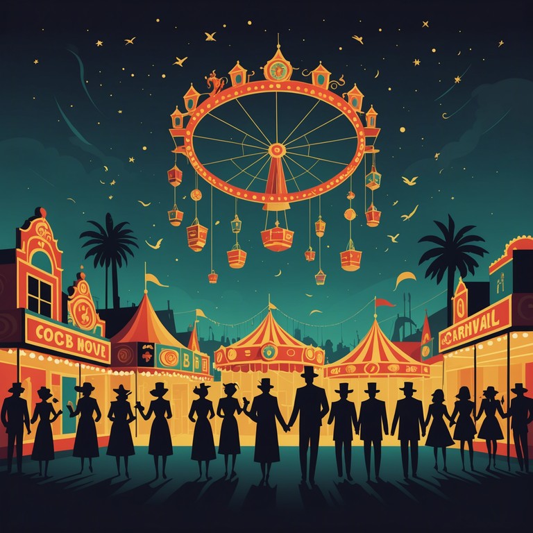 Imagine a whimsical carnival at midnight, where enchanting melodies play from hidden music boxes, setting a scene of fantasy and playfulness under a starless sky.