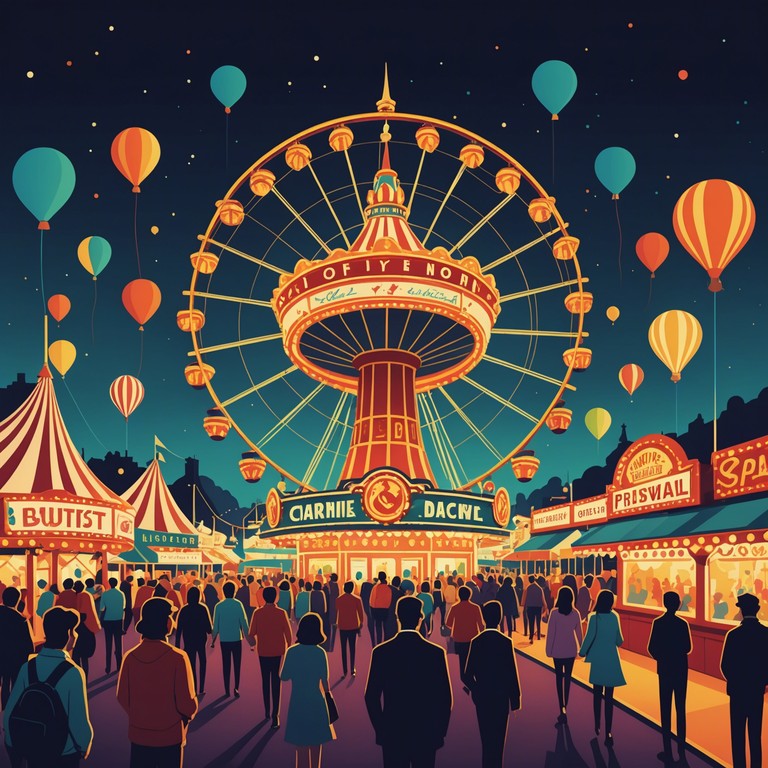 Immerse in the profound vibrancy of a carnival evening where orchestral sounds merge with the laughter and joy of festive revelers, creating a symphony of delight and wonder under the starlit sky.