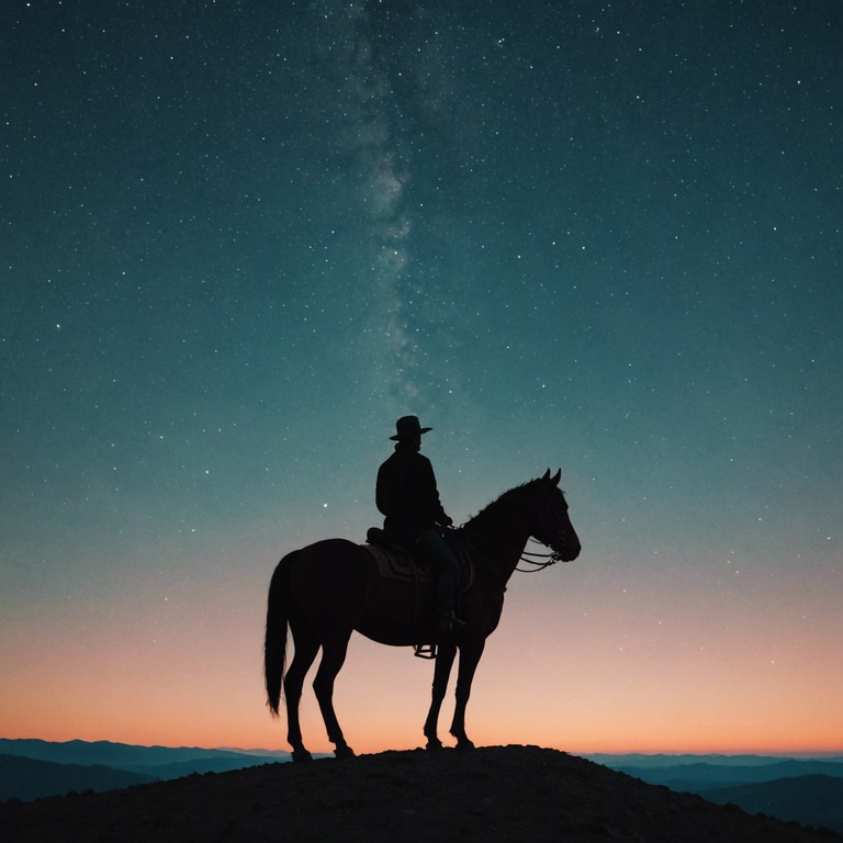 In this unique composition, the traditional sounds of country music are transposed into a celestial context where cosmic themes meet the heartfelt twangs of a steel guitar, evoking a sense of adventure among the stars. The track blends ethereal electronic elements with classic country instruments to craft a soundscape that feels both spacious and intimately familiar. The piece is structured to gradually move from earthly tones to more alien, space like sounds, suggesting a journey from our world to the unknown.