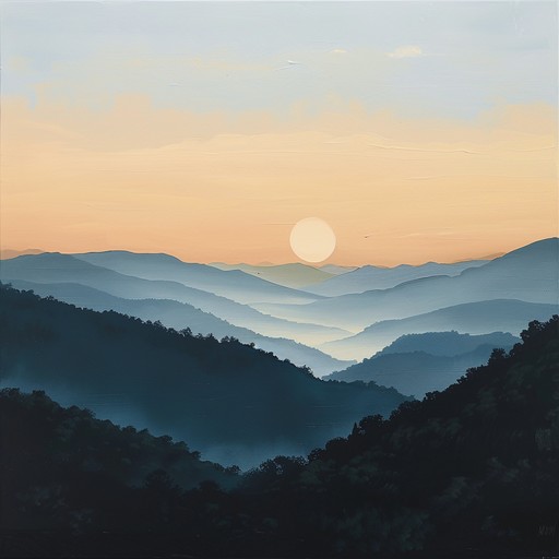 A gentle, instrumental country song with a slow, relaxing tempo. Acoustic guitar fingerpicking and slides evoke the tranquility of a mountain sunrise in appalachia. Soft harmonica and fiddle melodies weave in and out, adding touches of wistful melancholy. The piece has an intimate, stripped-down feel, focusing on the interplay between the acoustic instruments.