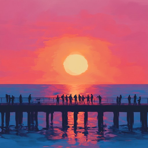 As the sun rises over a bustling seaside pier, the morning light bounces rhythmically off the ocean waves, and the energy of a new day is captured through joyful, upbeat sounds, evoking feelings of renewal and bliss.