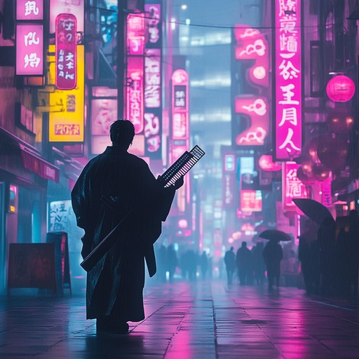 An instrumental track blending the traditional sounds of the shamisen and shakuhachi with modern synthwave elements, creating a harmonious fusion that evokes the spirit of a neon lit tokyo night intertwined with ancient samurai traditions.