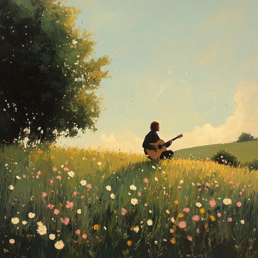 A light hearted, sunny composition brimming with the cheerful spirit of a wandering troubadour. Gentle acoustic guitar chords and occasional whistles evoke a carefree, pastoral journey through sunlit meadows, instilling feelings of joy and freedom. Perfect for evoking carefree days and tranquil countryside strolls.