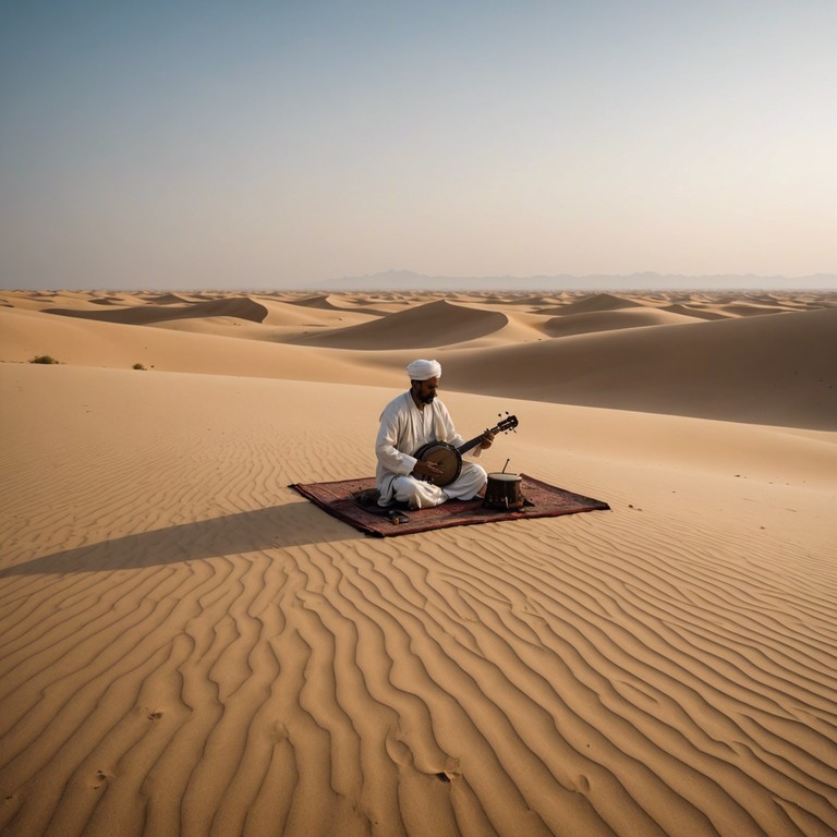 Alternate description: the serene and somber tones of the dudak set against a backdrop of infinite desert and overarching cosmos resonate deeply, creating a sense of both immense space and intimate solitude.