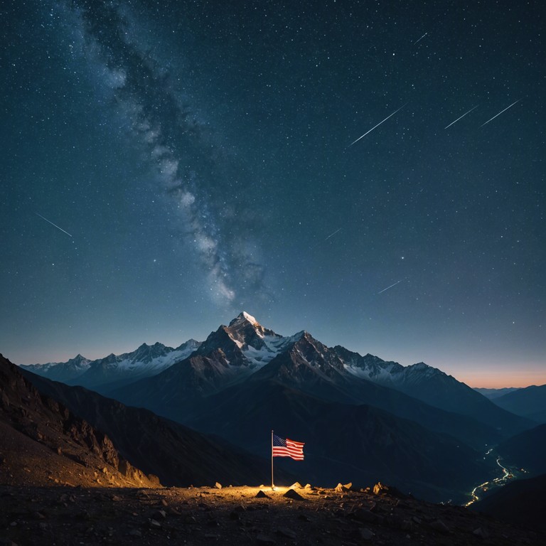 An awe inspiring symphonic metal piece that combines the powerful blast of trumpets and emotive orchestral backing to craft a dynamic expression of national unity and pride. It starts quietly, inviting contemplation, before escalating into an overwhelming wave of sound that symbolizes the ascent of the nation