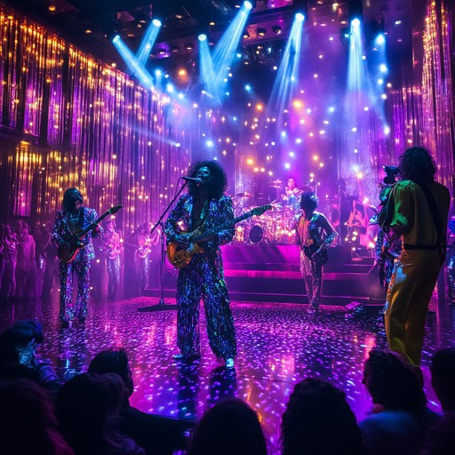 A high energy, glam rock piece that transports listeners to a dazzling midnight concert, featuring loud guitar solos, dramatic drum beats, and electrifying synths. Perfect for a flamboyant, star studded evening under the disco ball.