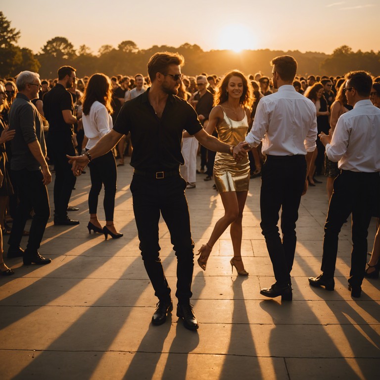 Imagine a scene where people are dancing with joy and vibrancy at a sunlit latin american festival, their movements a perfect match to the energetic music that fills the air.