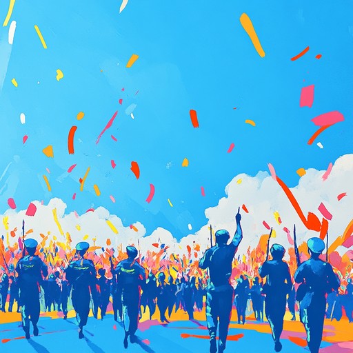 A commanding brass ensemble leading a rousing military march that gradually incorporates festive elements, signaling both strength and joy in victory. Complemented by a steady drumbeat, it transitions into a jubilant celebration with triumphant fanfares and uplifting melodies. Perfect for parades or victory celebrations. A commanding brass ensemble leading a rousing military march that gradually incorporates festive elements, signaling both strength and joy in victory. Complemented by a steady drumbeat, it transitions into a jubilant celebration with triumphant fanfares and uplifting melodies. Perfect for parades or victory celebrations.