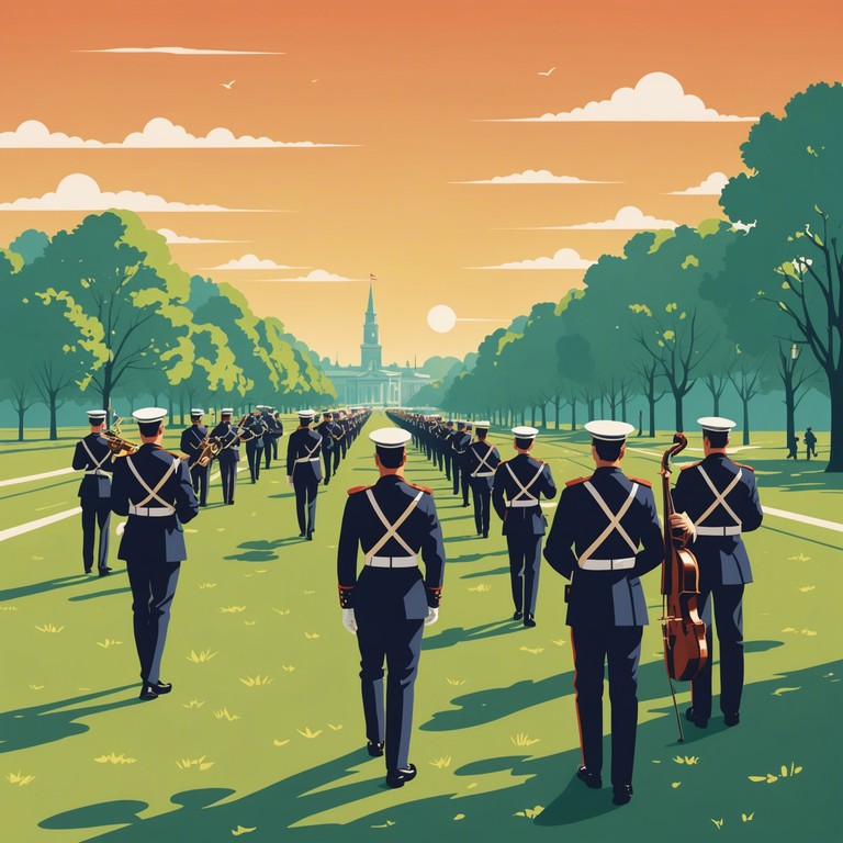 Visualize an open parade ground filled with soldiers marching in perfect harmony, their brass trumpets catching the sunlight as they play tunes that resonate with joy and national pride