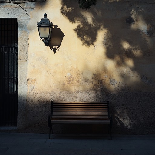 A solo spanish guitar performs sorrowful and evocative pieces with a gentle, reflective rhythm, capturing the essence of solitude during a quiet evening in a small village.